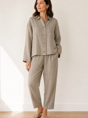 Eileen Fisher Organic Linen 2 Piece Set S/P Flax Taupe Jacket Top Ankle Pants